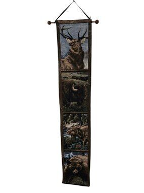 Vintage Wildlife Tapestry Wall Hanging Bell Pull Elk Bison Moose  Bear Design Ru